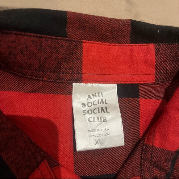 Anti Social Social Club Flannel Shirt Men's XL Red Black Plaid Check - Picture 3 of 7